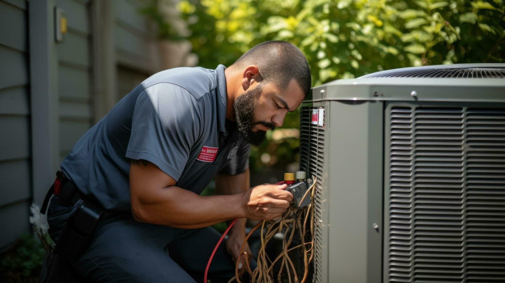 HVAC technician performing system analysis and servicing an air conditioning unit